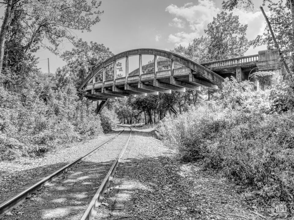 Cotter Bridge Crossing Railroad Tracks Grayscale