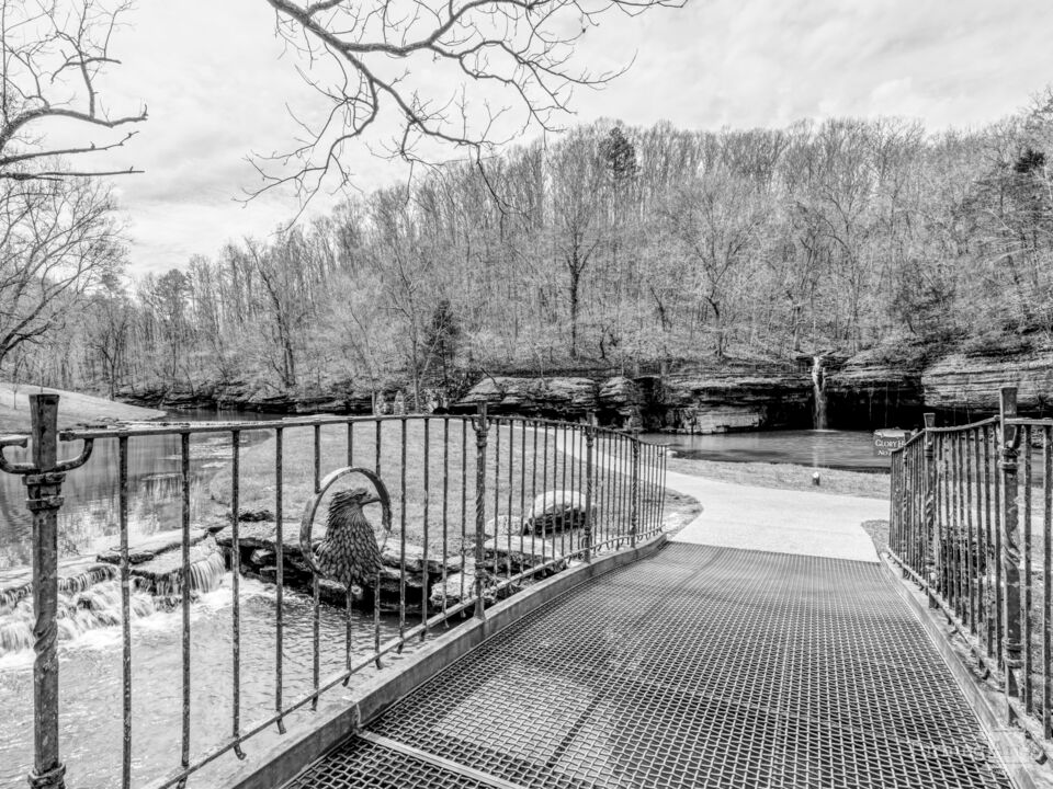 Metal Bridge And Waterfalls Grayscale