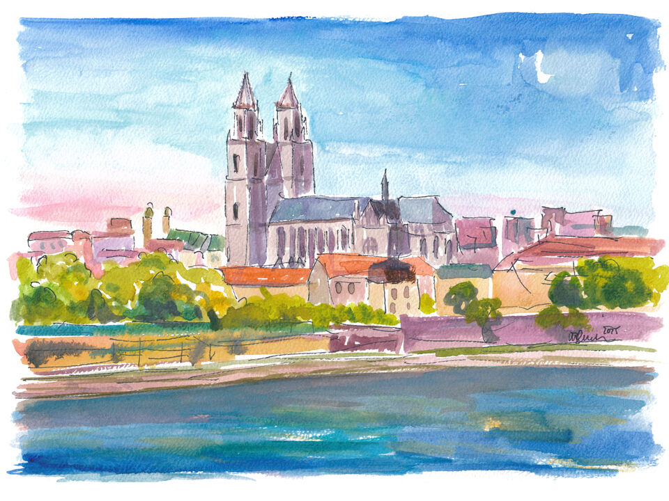 Blue Sky Over Magdeburg Cathedral and Elbe River