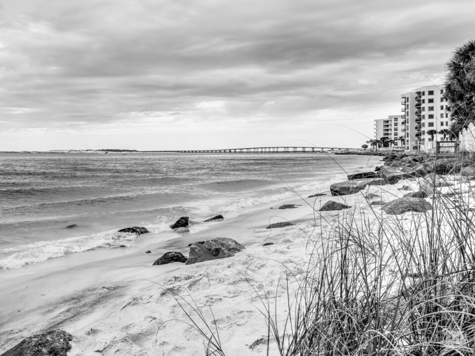 Destin East Pass Shoreline View Grayscale