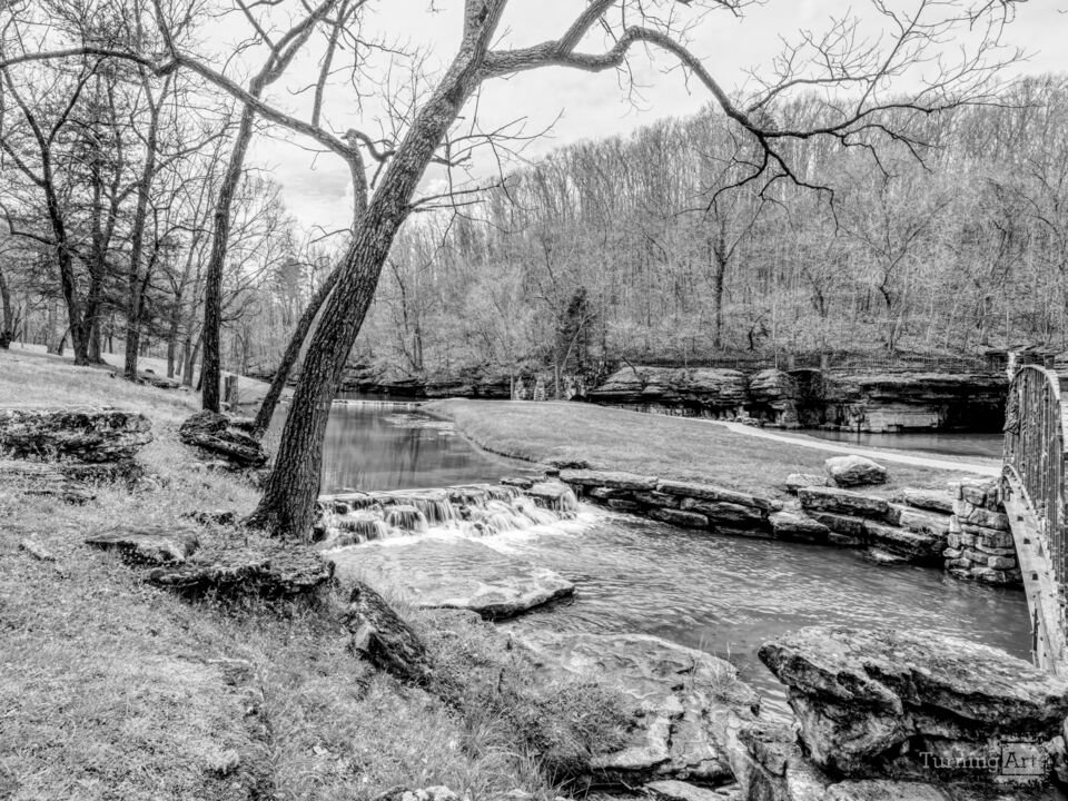Flowing Falls Along The Creek Grayscale