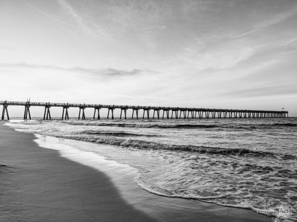 Pensacola Pier Morning Coast Serenity Grayscale