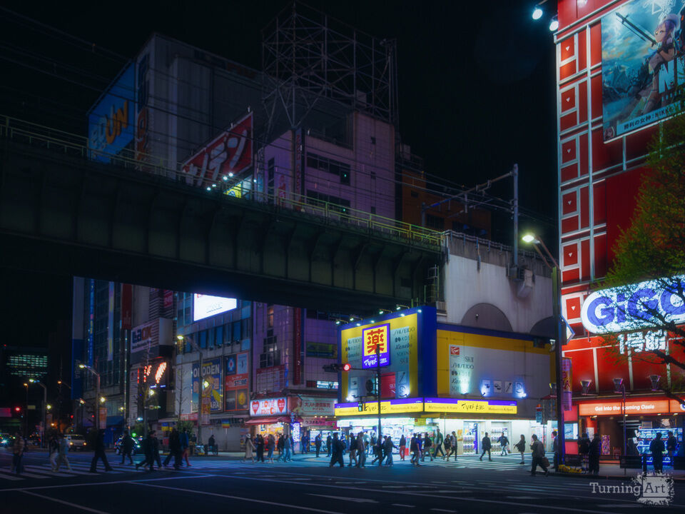 Tokyo Street Corner with Red Glow