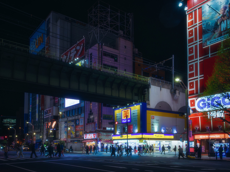 Tokyo Street Corner with Red Glow