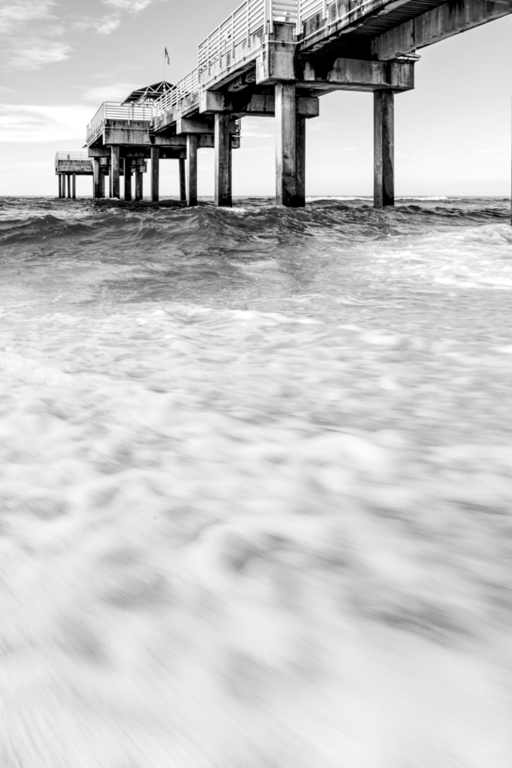Waves Of Foam Orange Beach Pier Grayscale