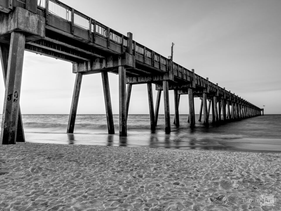 Pensacola Pier Morning Waves In Motion Grayscale