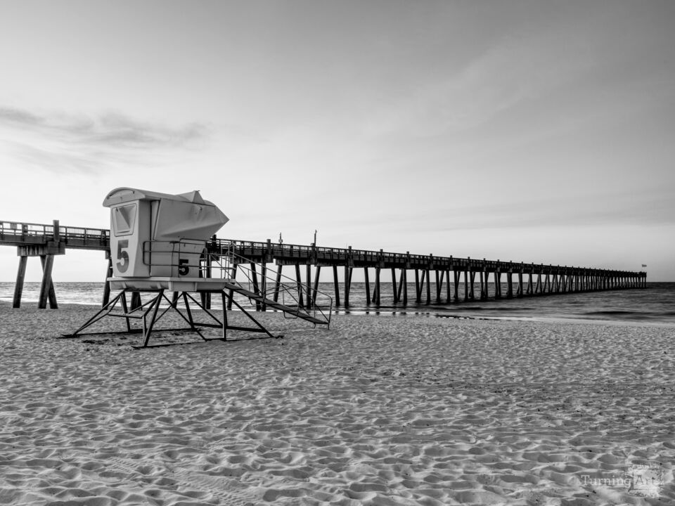 Pensacola Pier Lifeguard Stand Morning Grayscale