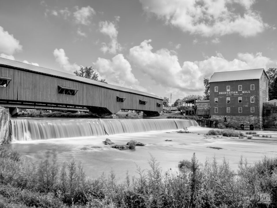 Bridgeton Covered Bridge Mill Moving Waters B/W