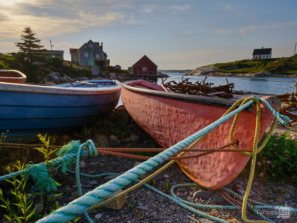 Colorful Fishing boats tied up at Peggy's Cove NS