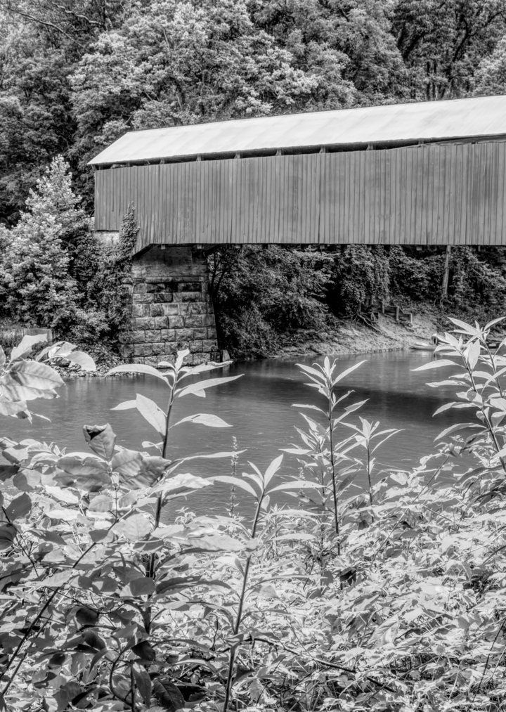 Side Of Cox Ford Covered Bridge Grayscale