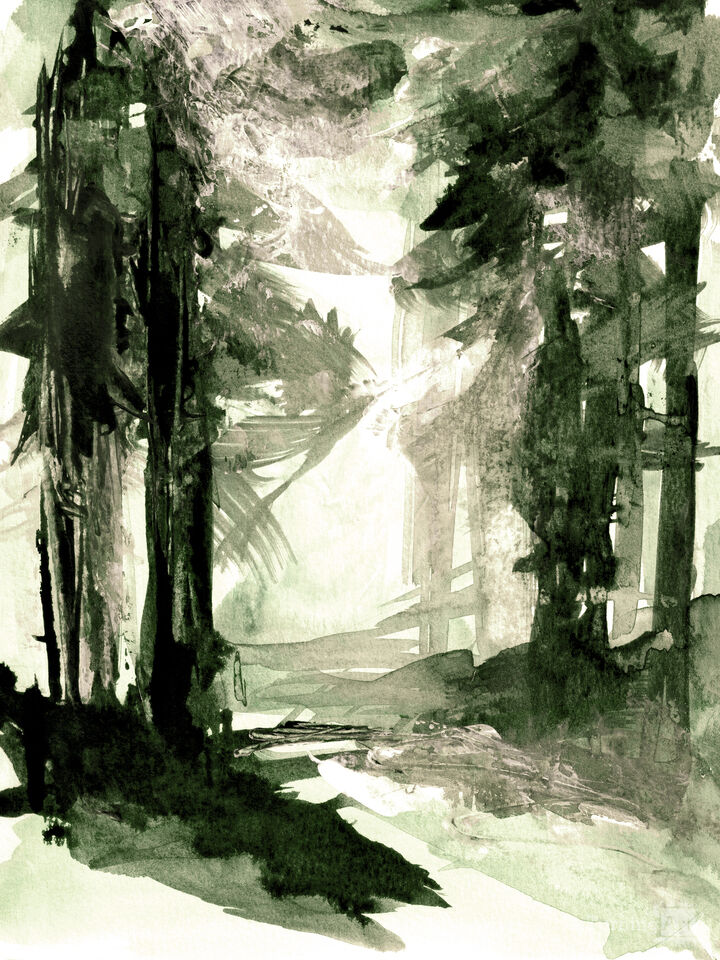 INTO THE WOODS 1, GREEN WATERCOLOR FOREST TREES (DIPTYCH)