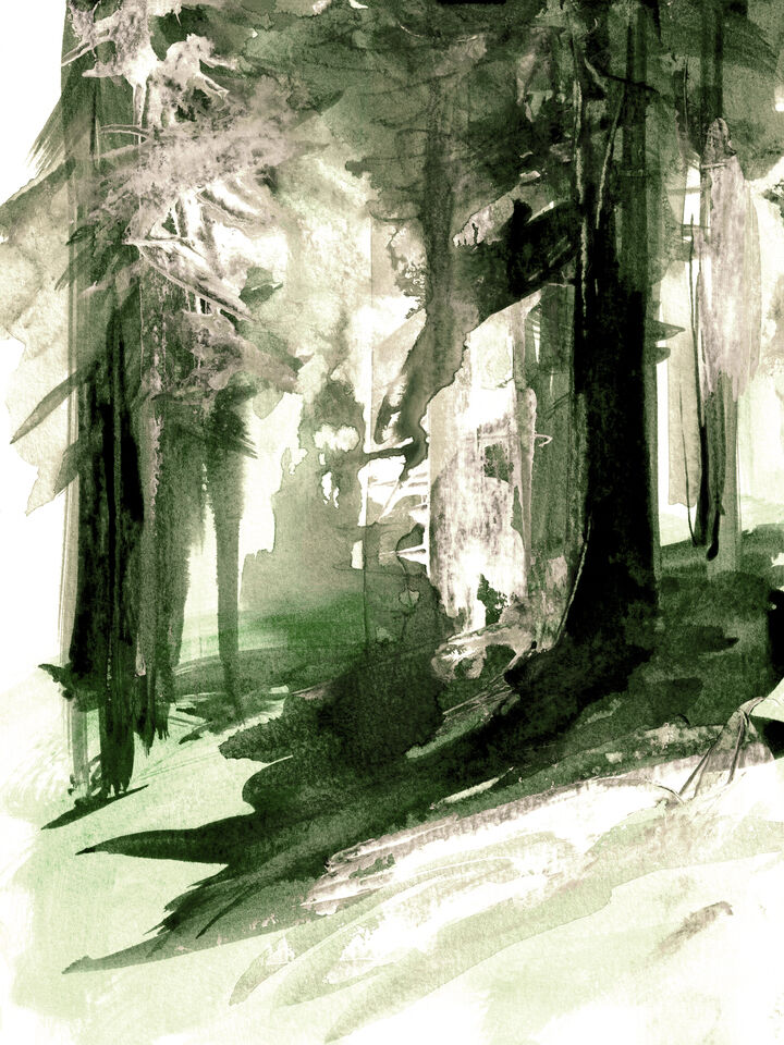 INTO THE WOODS 2, GREEN WATERCOLOR FOREST TREES (DIPTYCH)