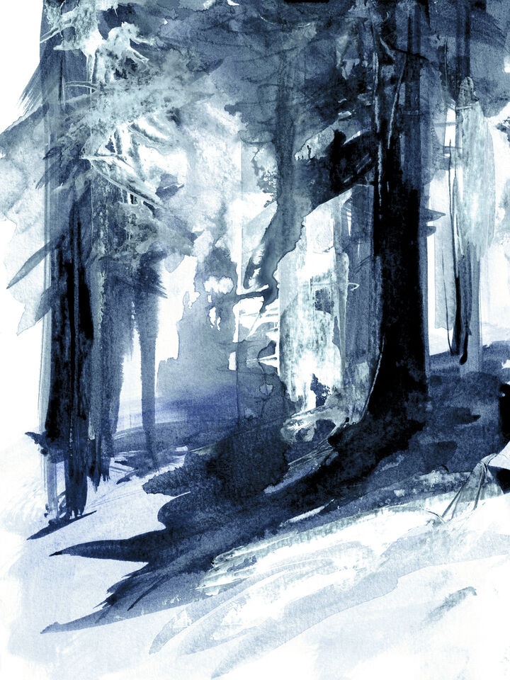 INTO THE WOODS 2, INDIGO BLUE WATERCOLOR FOREST TREES (DIPTYCH)