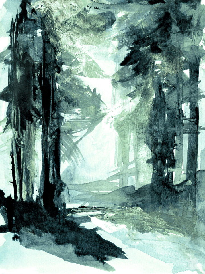 INTO THE WOODS 1, TEAL MINT GREEN WATERCOLOR FOREST TREES (DIPTYCH)