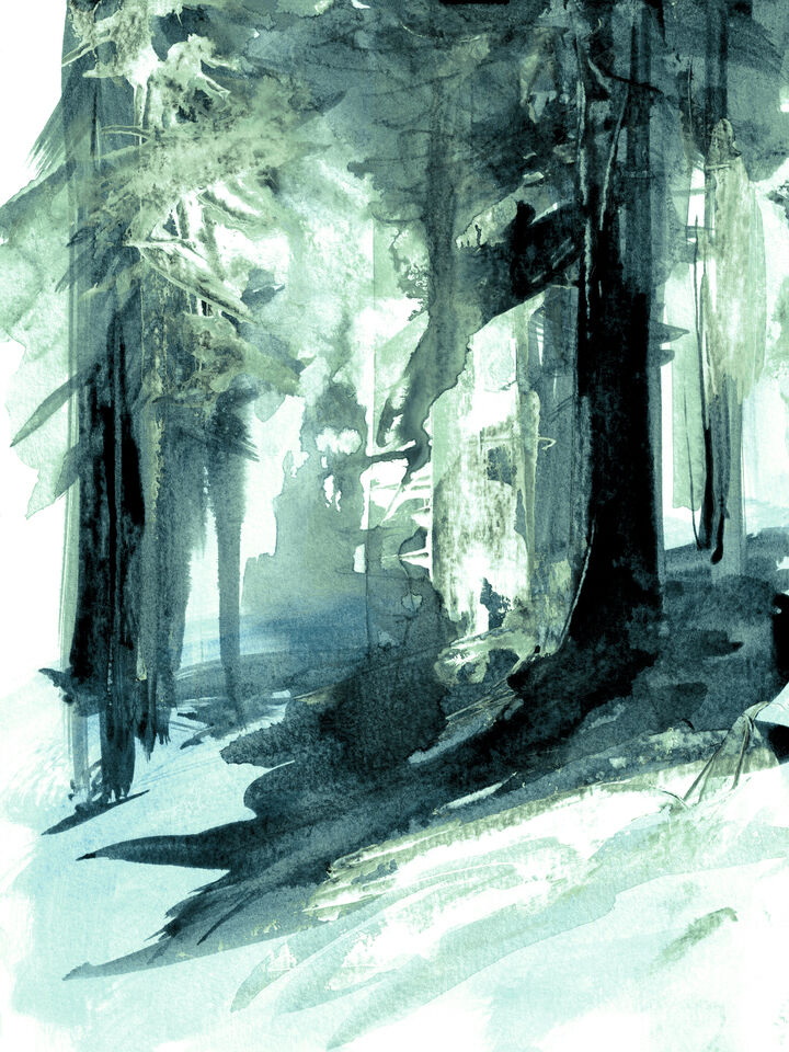 INTO THE WOODS 2, TEAL MINT GREEN WATERCOLOR FOREST TREES (DIPTYCH)