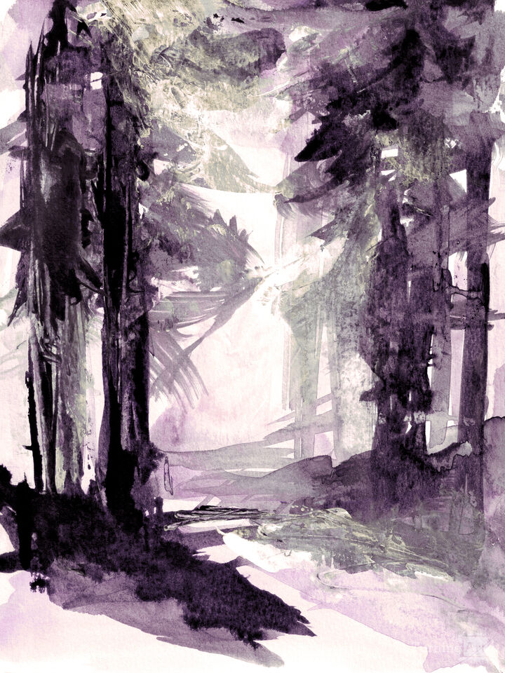 INTO THE WOODS 1, VIOLET PURPLE WATERCOLOR FOREST TREES (DIPTYCH)