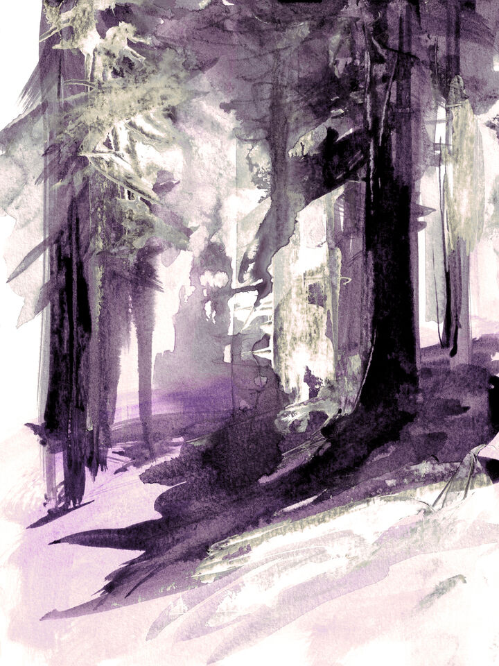 INTO THE WOODS 2, VIOLET PURPLE WATERCOLOR FOREST TREES (DIPTYCH)
