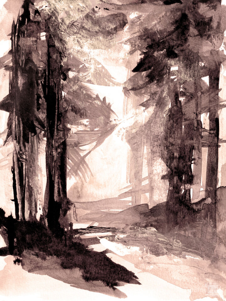 INTO THE WOODS 1, PEACH SEPIA WATERCOLOR FOREST TREES (DIPTYCH)