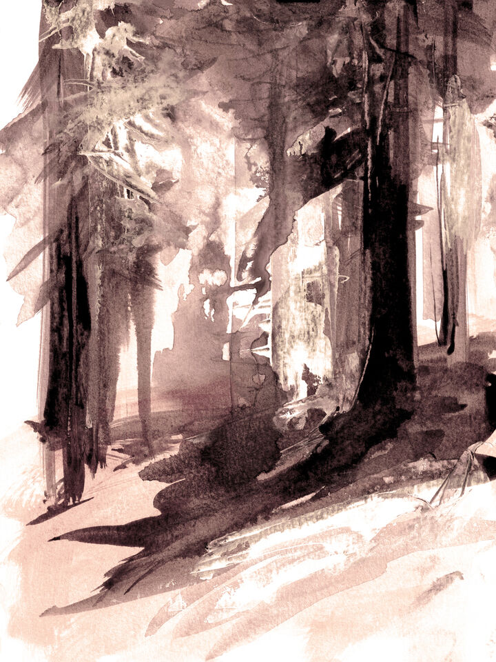INTO THE WOODS 2, PEACH SEPIA WATERCOLOR FOREST TREES (DIPTYCH)