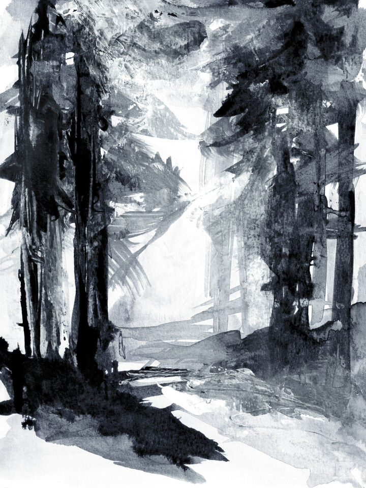 INTO THE WOODS 1, BLACK & WHITE NEUTRAL WATERCOLOR FOREST TREES (DIPTYCH)