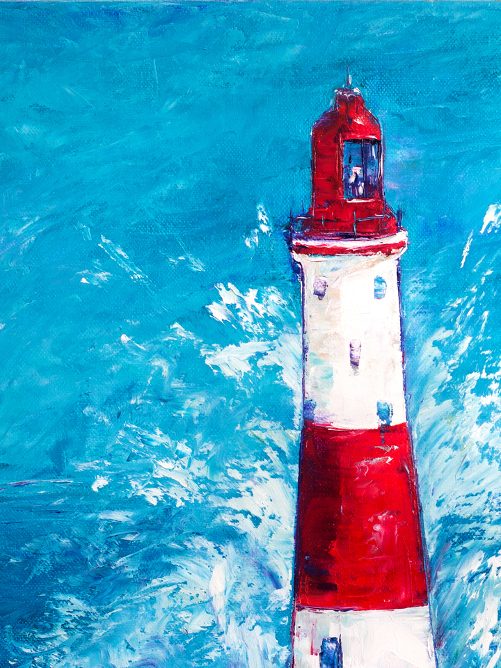 Red and White Lighthouse in Waves 
