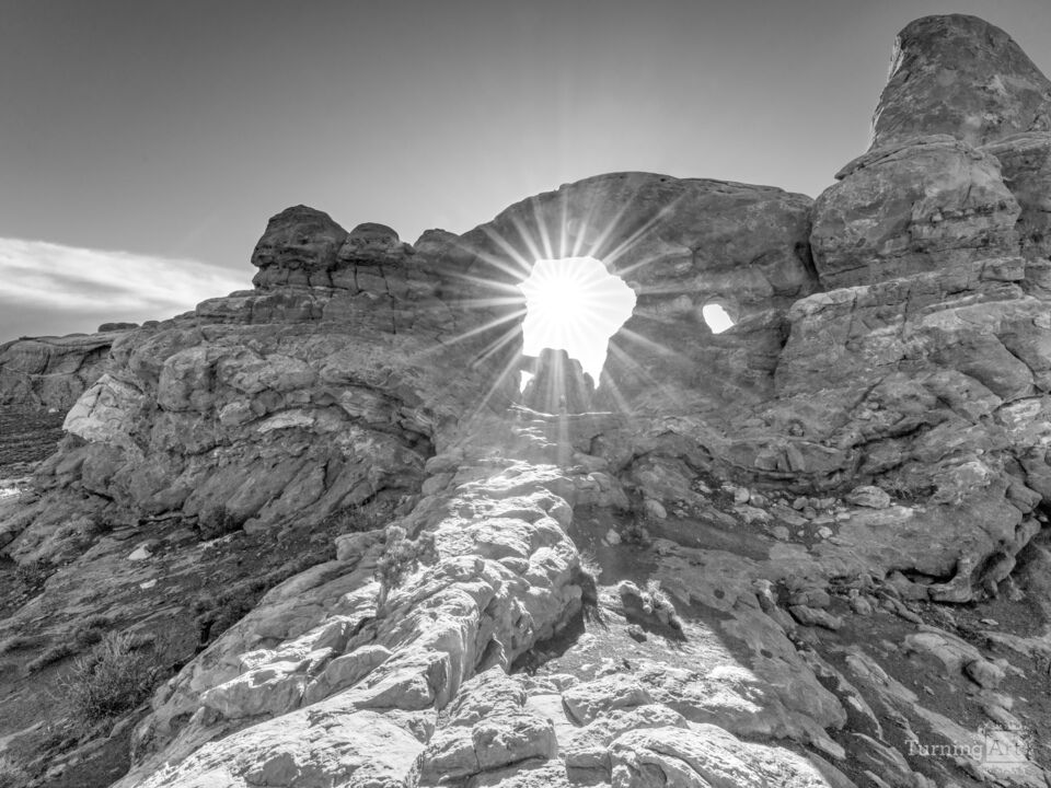 Sunburst Coming Through Turret Arch Grayscale