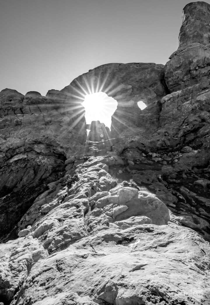 Sunburst Through Turret Arch Vertical Grayscale