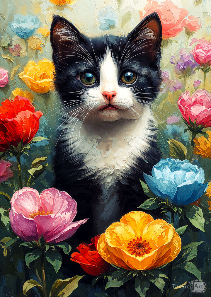 Cute Tuxedo Kitty Among The Flowers