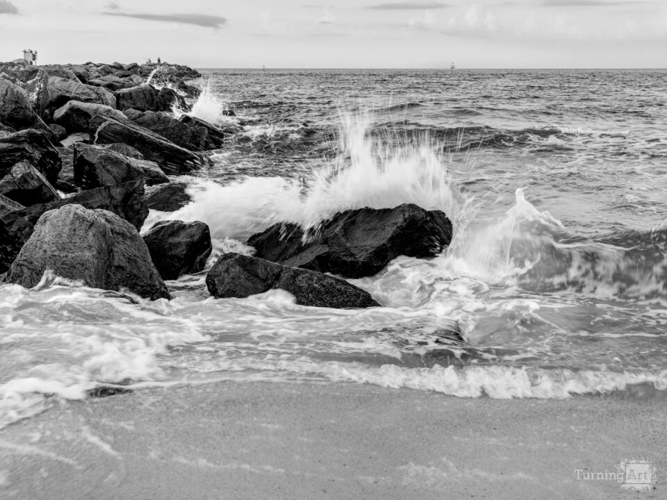 Wave Splashes Perdido Jetty Grayscale