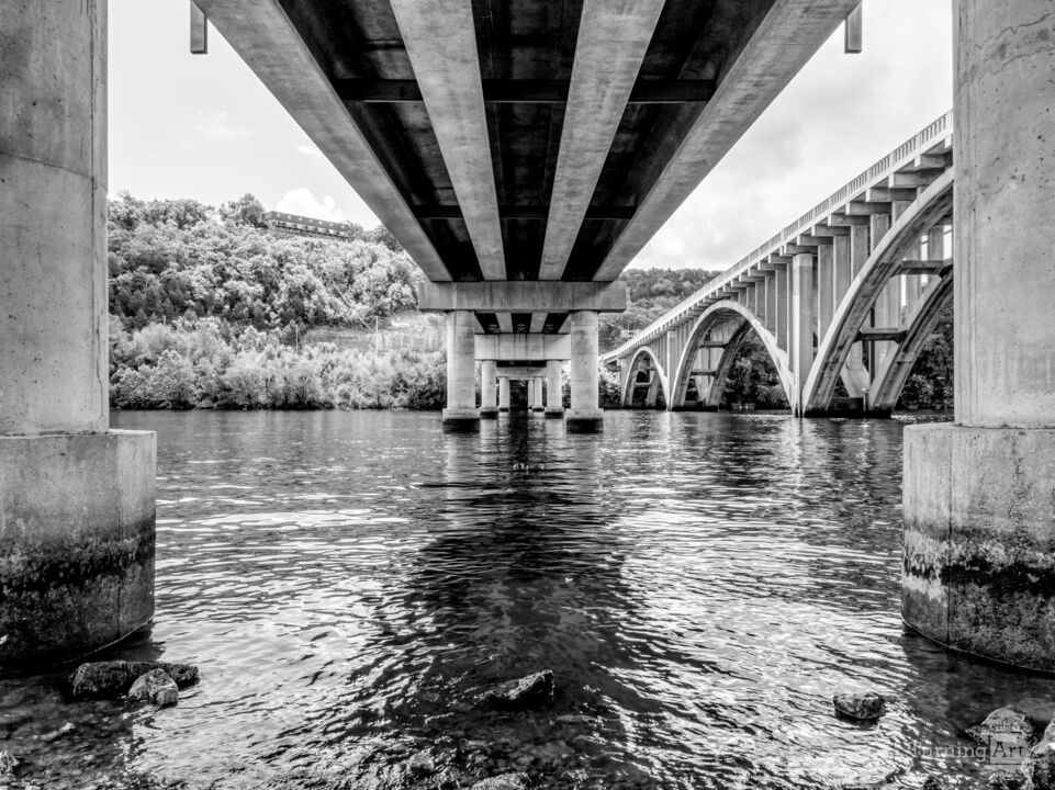 Below Branson Landing Bridge Grayscale