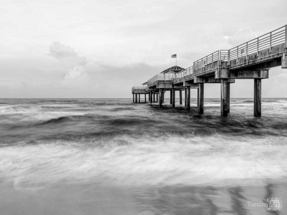 Lightning Over Orange Beach Pier Grayscale