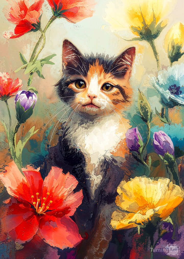 Calico Kitty Among The Flowers
