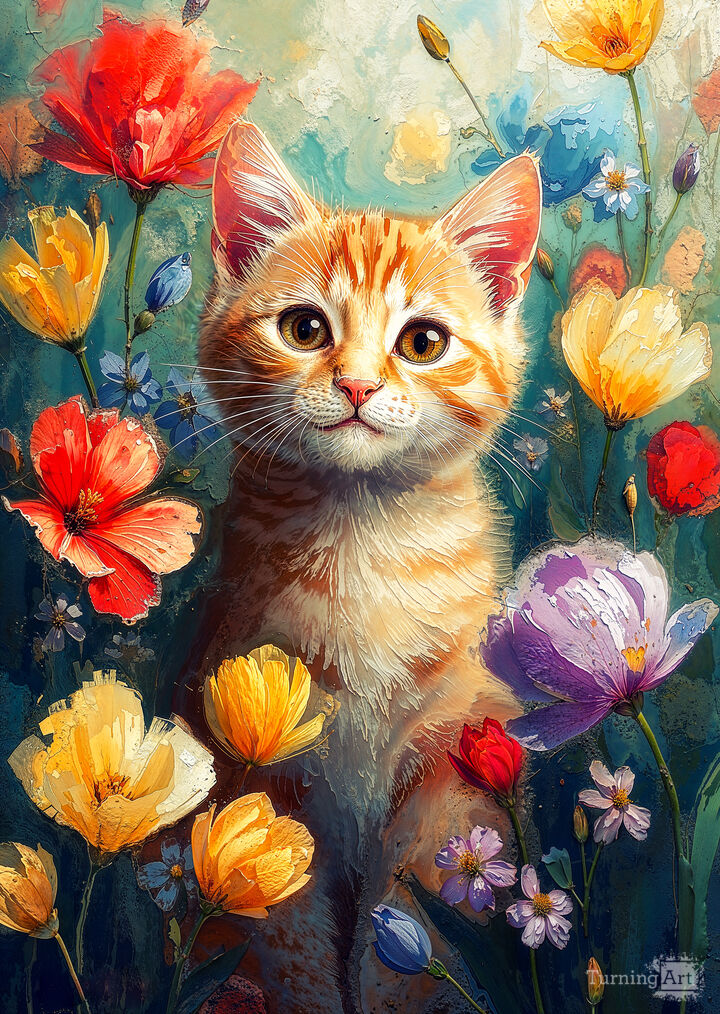 Orange Tabby Kitty Among The Flowers