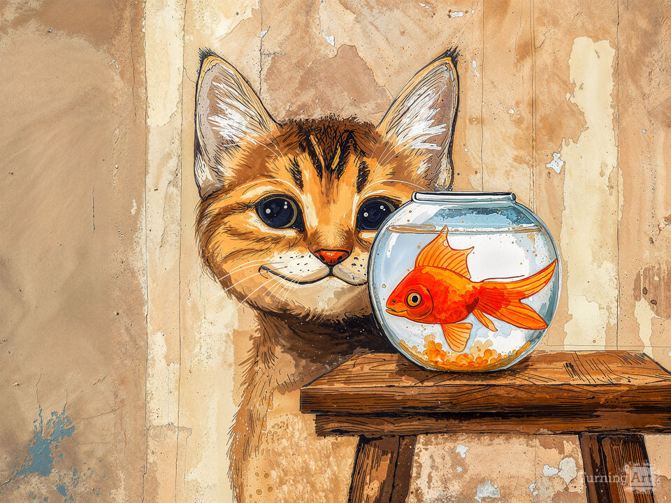 Curious Cat Meets Goldfish
