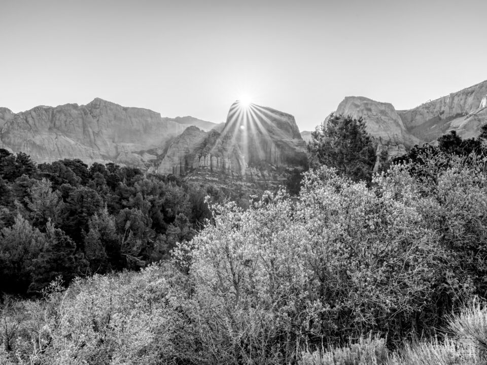 Sunrise Rays Over Kolob Canyon Grayscale