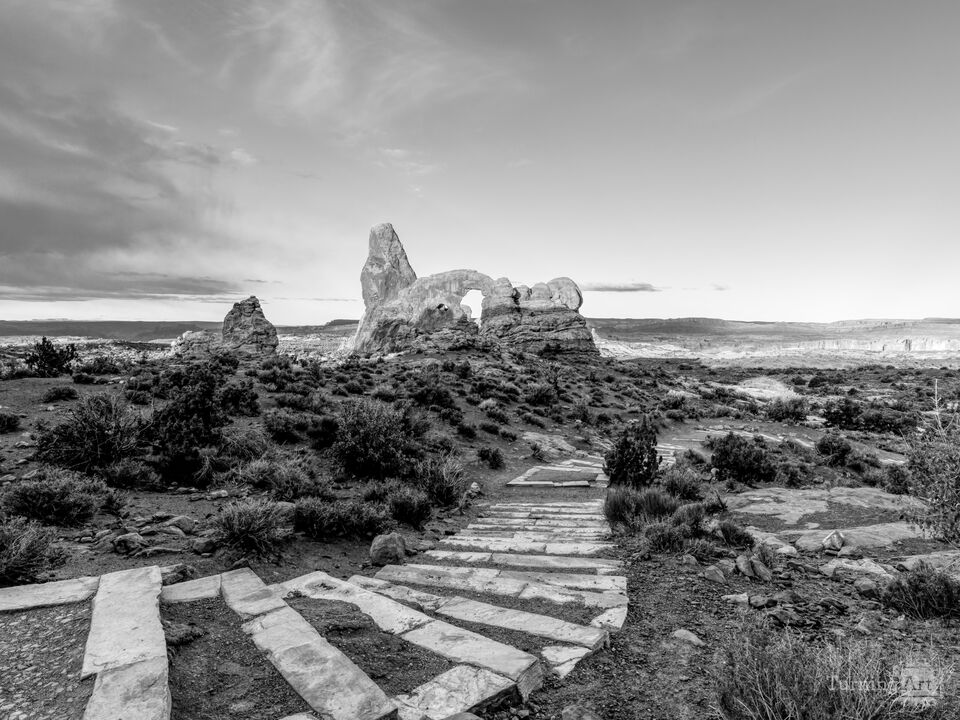 Walkway To Turret Arch In Morning Shadow Grayscale