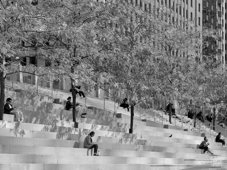 Chicago Riverwalk Theater Steps Black & White