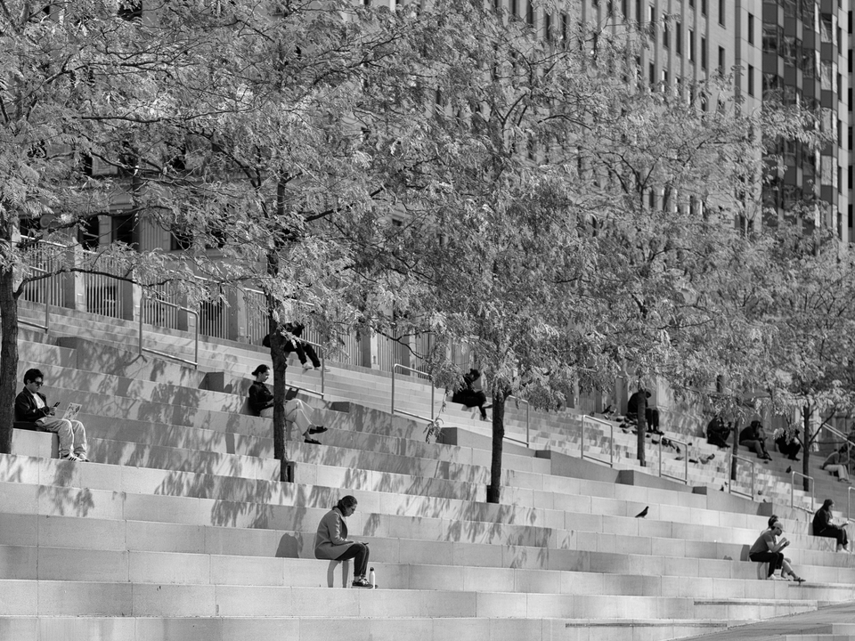 Chicago Riverwalk Theater Steps Black & White