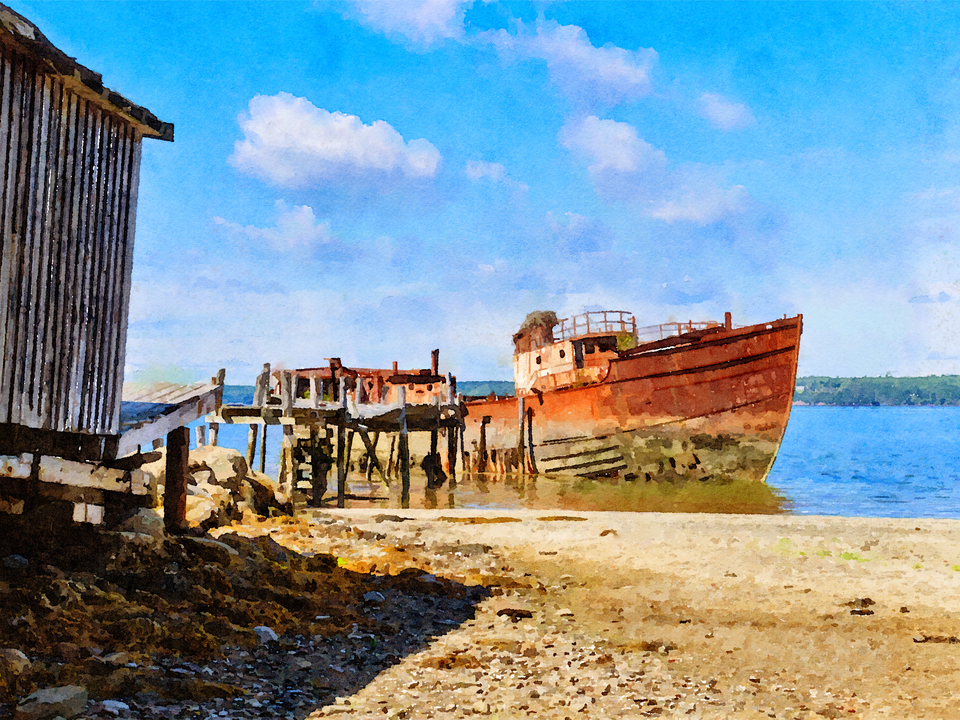 Old Fishing Trawler, Down East, Maine, Watercolor
