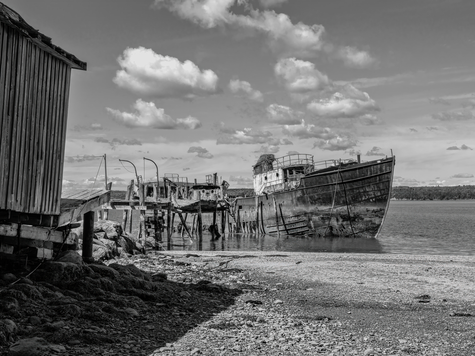 Old Fishing Trawler, Down East, Maine, B&W