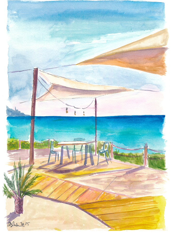 Coastal Café Scene with Sail Roof and Ocean