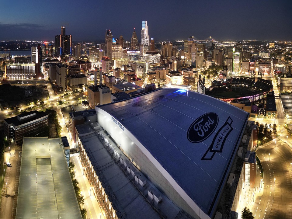 Over Detroit Ford Field to Ren Cen