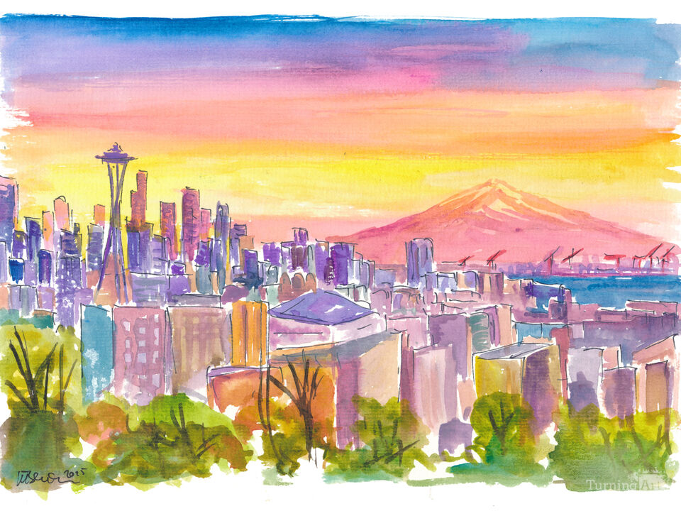 Seattle Skyline at Dusk with Mount Rainier Glow