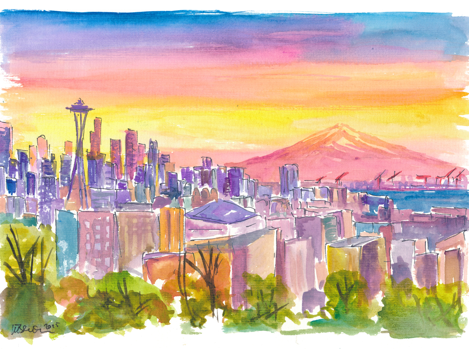 Seattle Skyline at Dusk with Mount Rainier Glow
