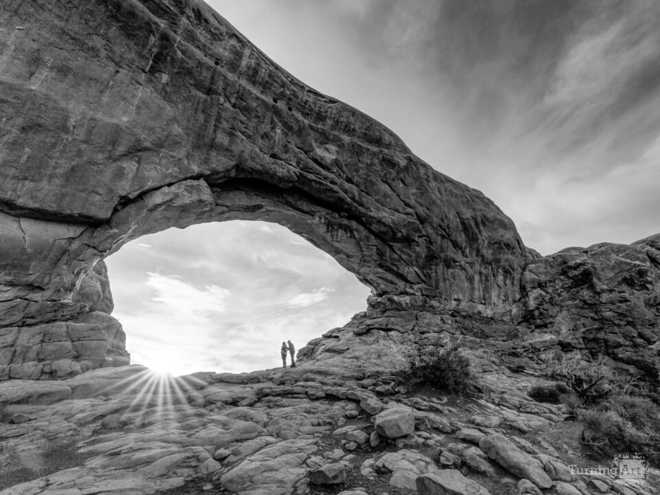 Sunrise Pause At Arches South Window Grayscale