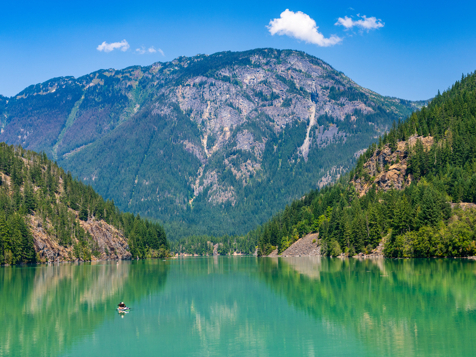 Water level view of Diablo Lake in Washington