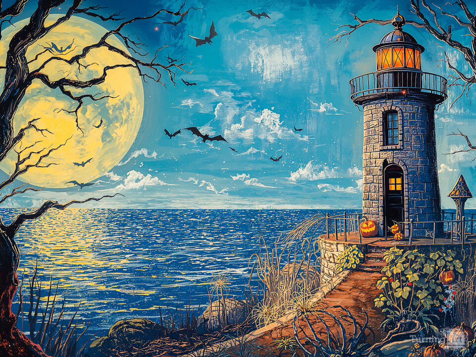 Lighthouse Under Halloween Moonlight
