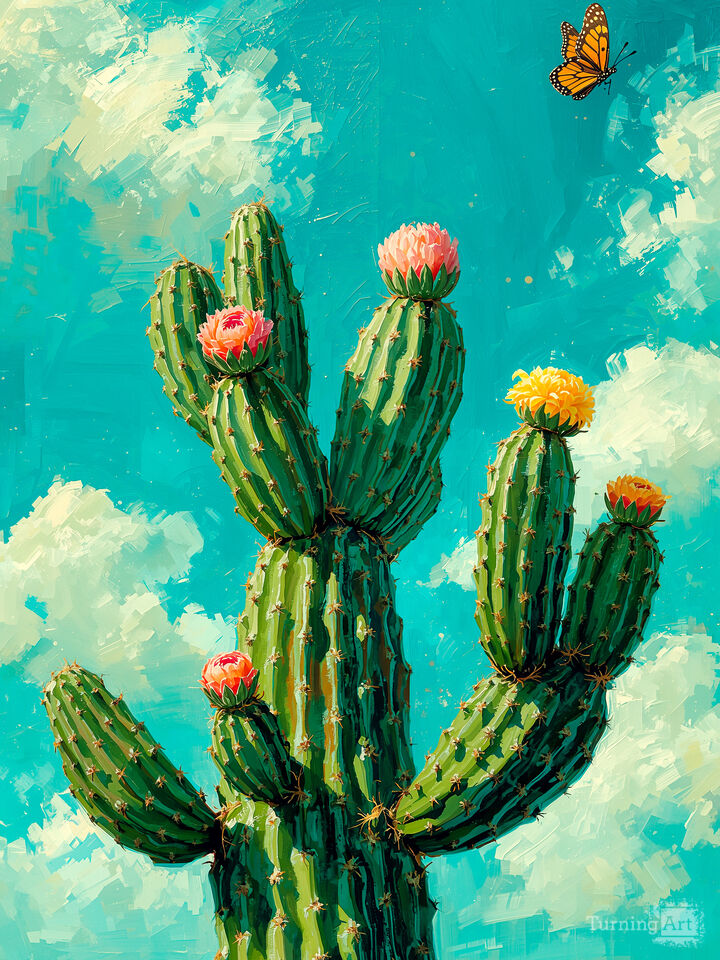 Cactus Blooms and Butterfly