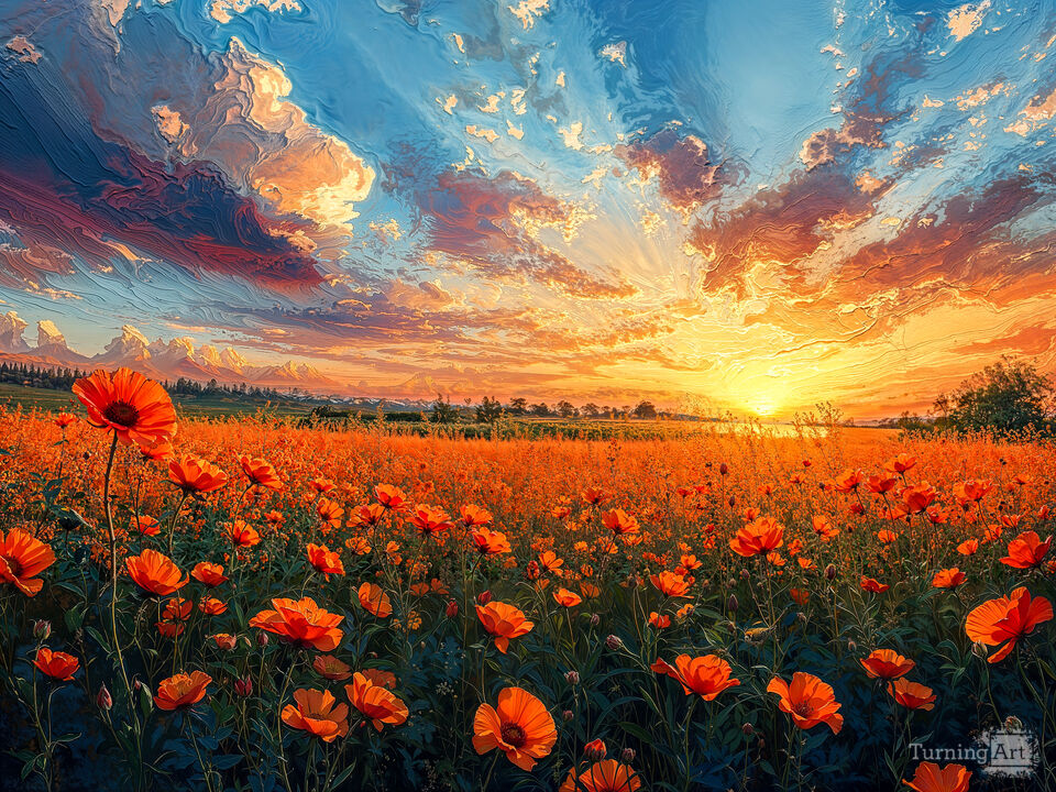 Fiery Sunset Over Poppy Field