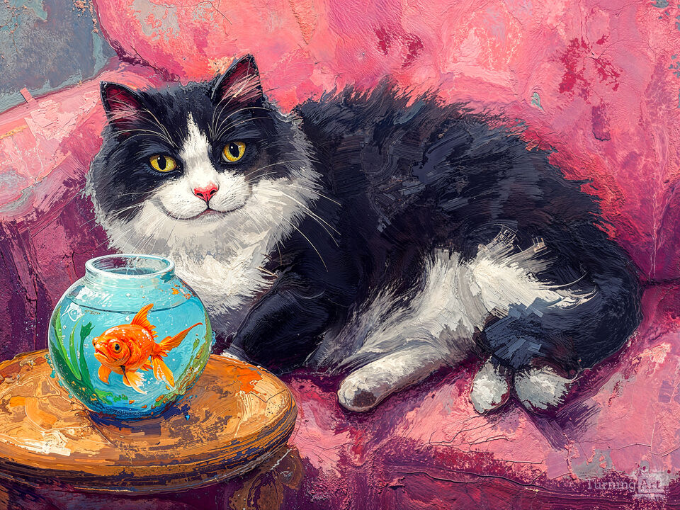 Curious Cat Beside Goldfish Bowl